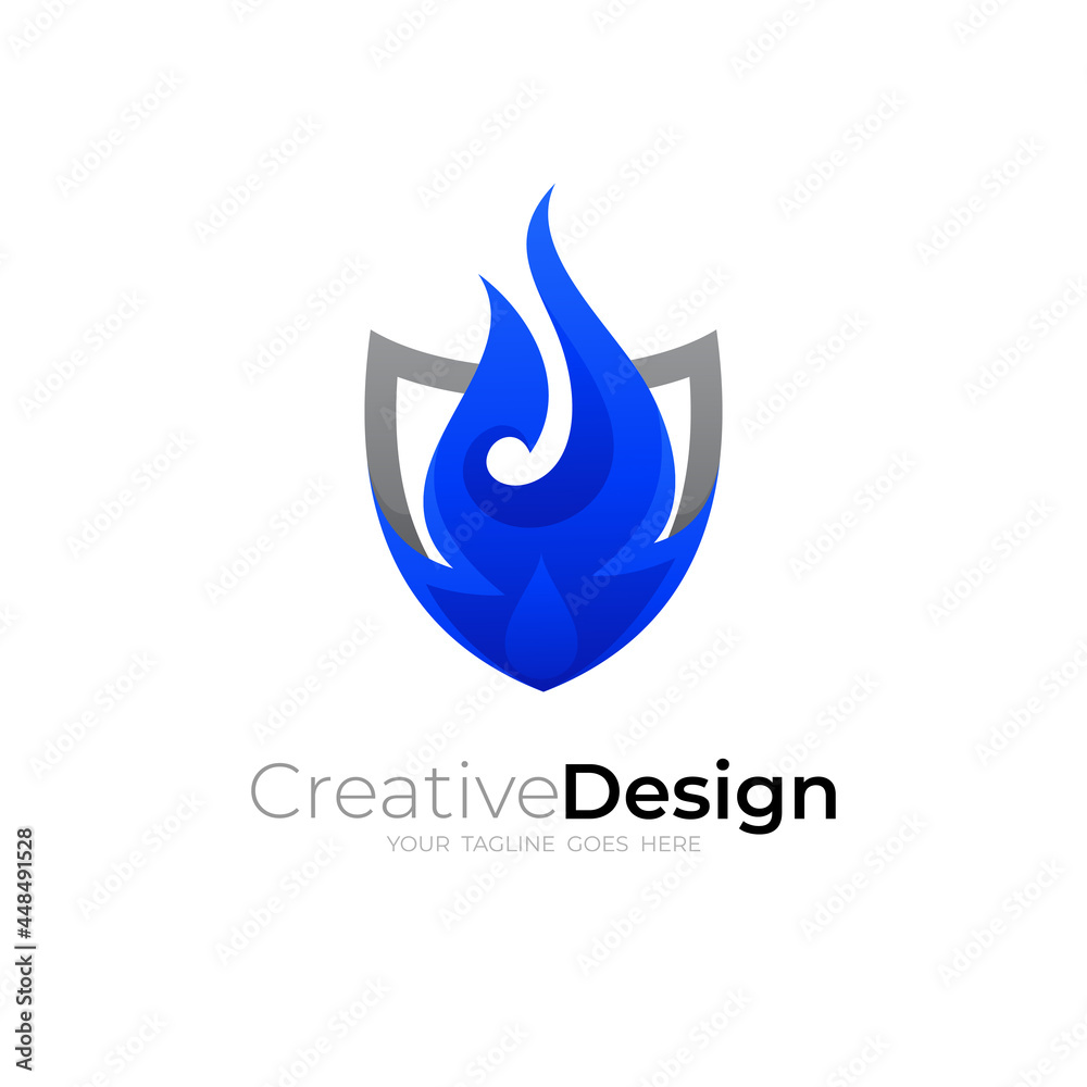 Shield logo with fire design combination, fire blue color Shield logo with fire design combination, fire blue color