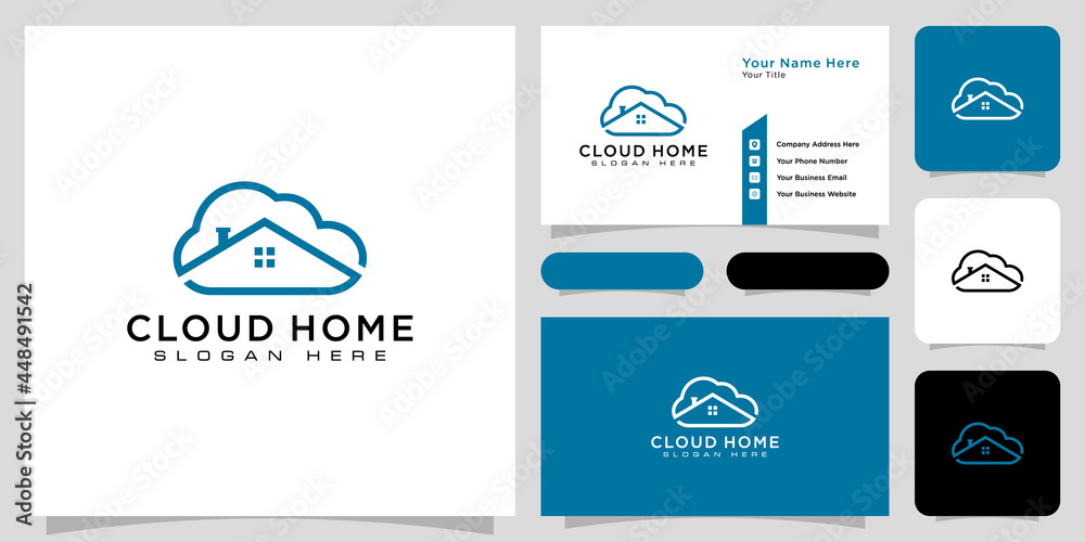 cloud home logo vector line style and business card