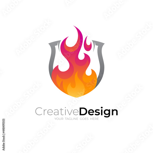 Fire logo and shield design combination, Flame logo illustration