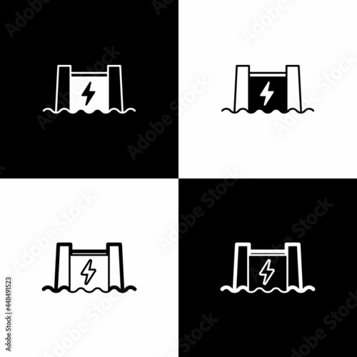 Set Hydroelectric dam icon isolated on black and white background. Water energy plant. Hydropower. Hydroelectricity. Vector
