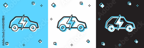 Set Electric car and electrical cable plug charging icon isolated on blue and white, black background. Renewable eco technologies. Vector