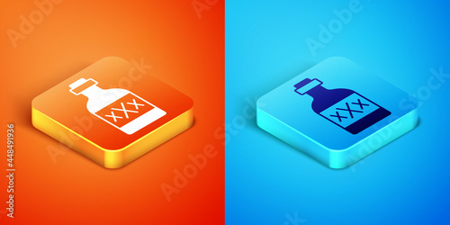Isometric Tequila bottle icon isolated on orange and blue background. Mexican alcohol drink. Vector
