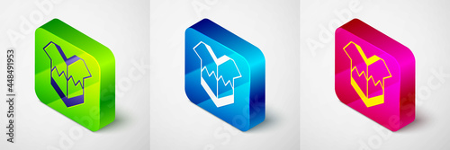 Isometric Traditional mexican poncho clothing icon isolated on grey background. Square button. Vector