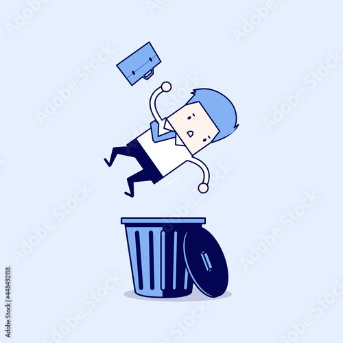 Businessman dropped into trashcan layoff. Cartoon character thin line style vector.