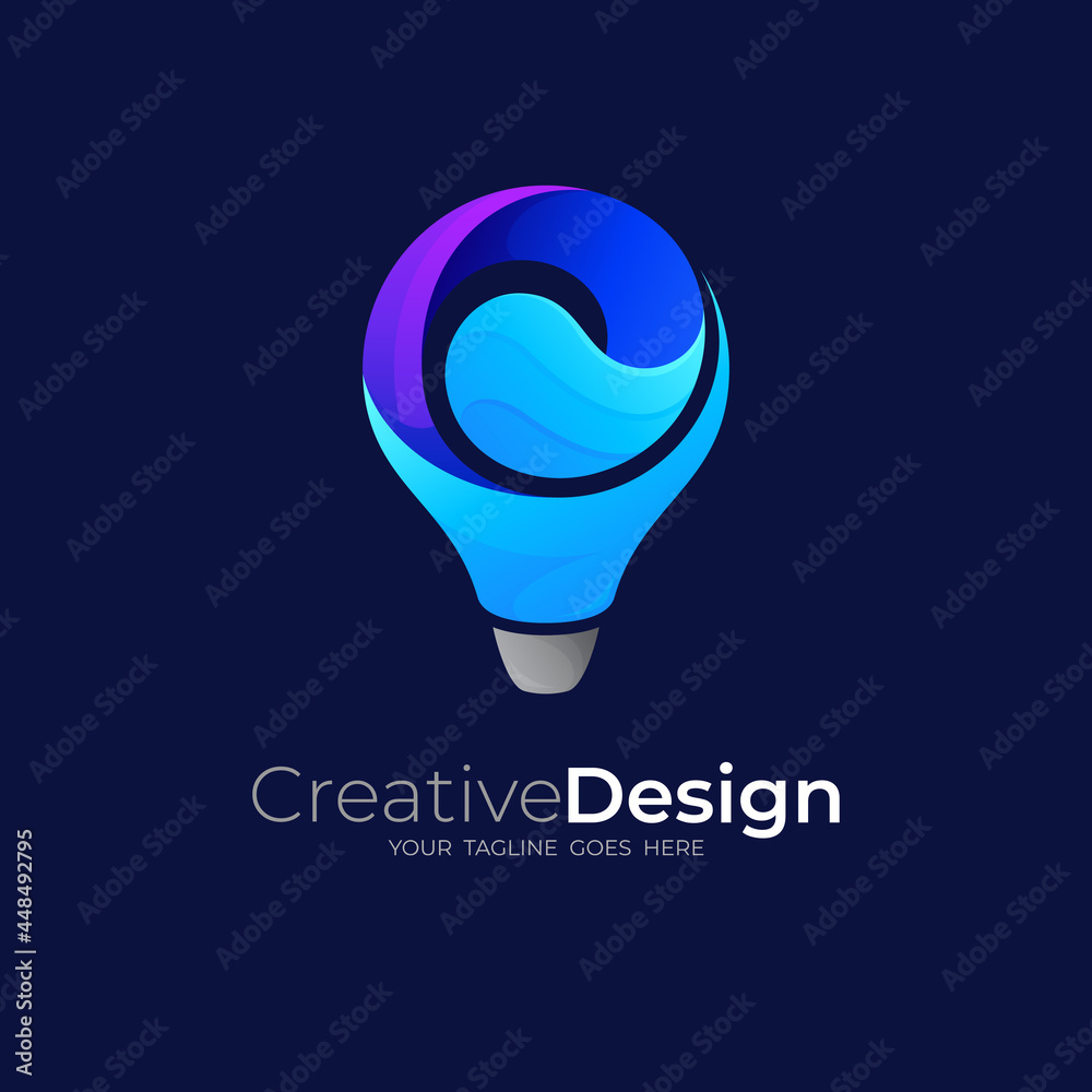 Bulb logo and water swoosh, 3d colorful logo , technology logo template Bulb logo and water swoosh, 3d colorful logo , technology logo template