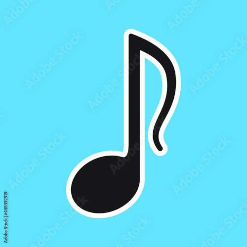 Музыкальная нота силуэт в плоском стиле. Musical note silhouette in flat style. Blue background. Vector icon.