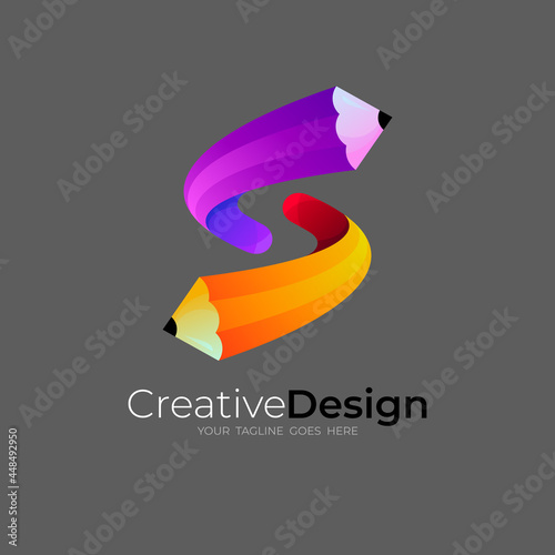 Letter S logo and pencil design with education icons, 3d colorful photo