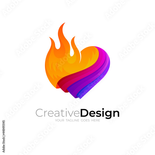 Love logo and fire icon template, 3d colorful illustration, hot design