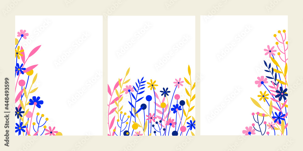 Set of vertical floral frames. Vector flat illustration with simple flowers, leaves, plants on white backgrounds
