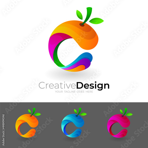 Letter C logo with fruit design illustration, 3d colorful, Orange icon