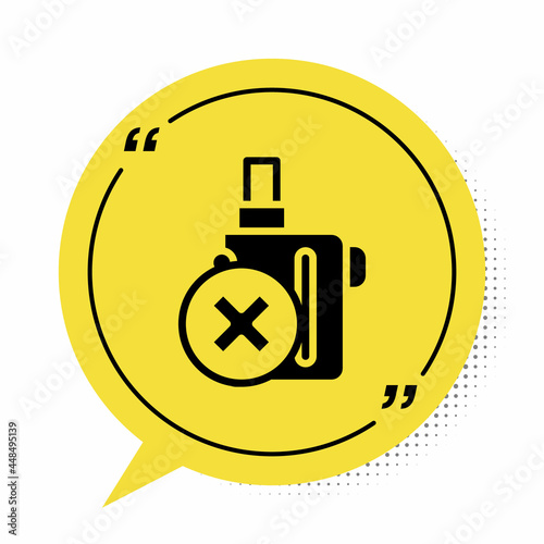 Black Electronic cigarette icon isolated on white background. Vape smoking tool. Vaporizer Device. Yellow speech bubble symbol. Vector