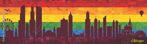 Chicago on LGBT flag background - illustration, 
Town in Rainbow background, 
Vector city skyline silhouette