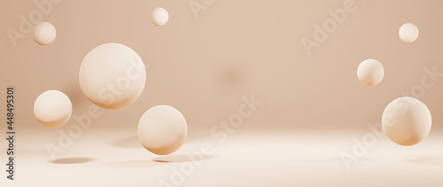 3D rendering of light brown room and several balls for a scene to display products background. For show product. Blank scene showcase mockup.