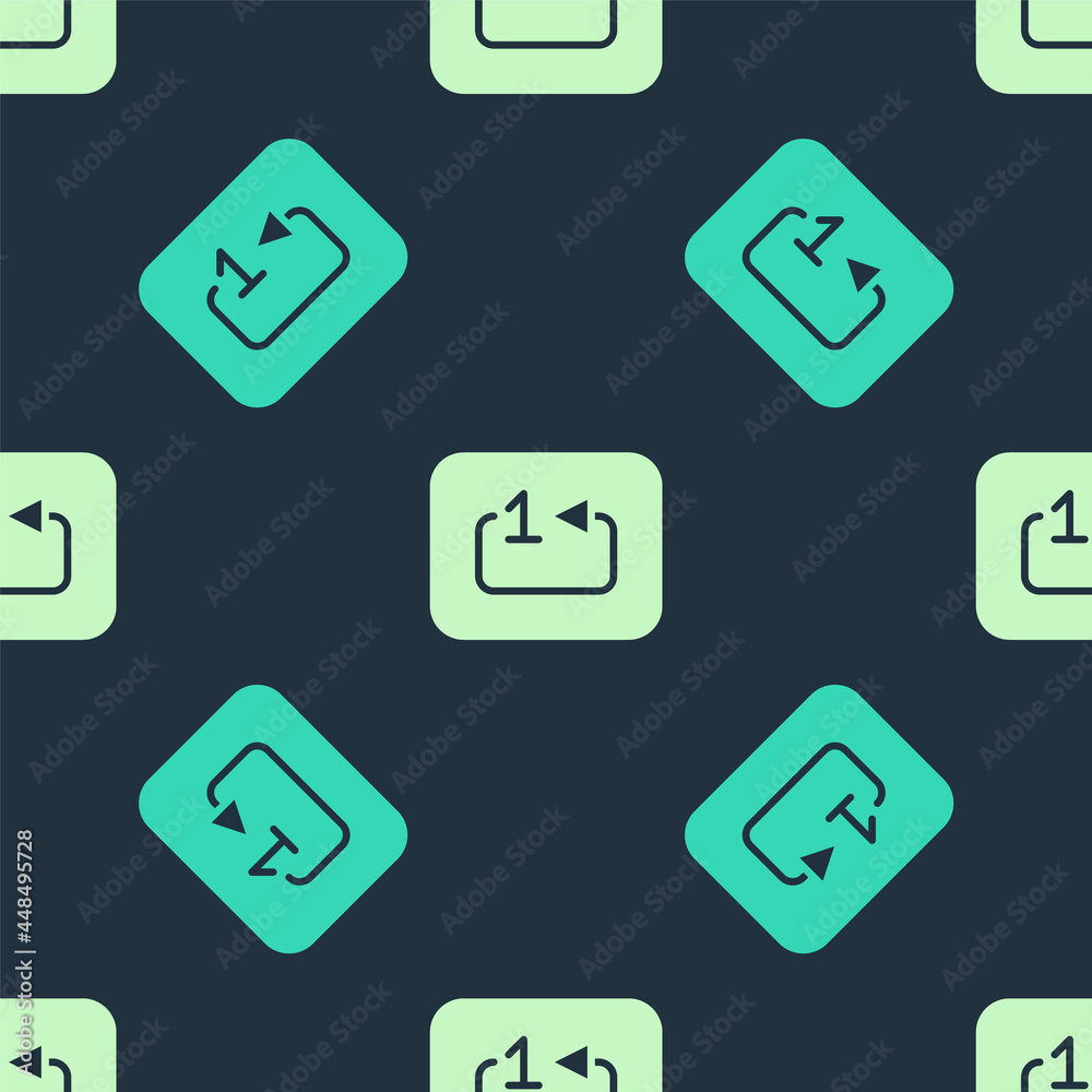 Green and beige Repeat track music player icon isolated seamless pattern on blue background. The sign is a round curved arrow and the number one. Vector Green and beige Repeat track music player icon isolated seamless pattern on blue background. The sign is a round curved arrow and the number one. Vector