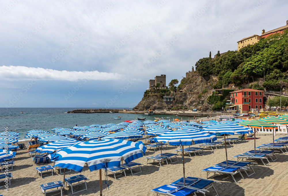 Beach of the Monterosso al Mare village, Tourist resort on the coast of the Cinque Terre National Park, Liguria, La Spezia province, Italy, Europe. UNESCO world heritage site.