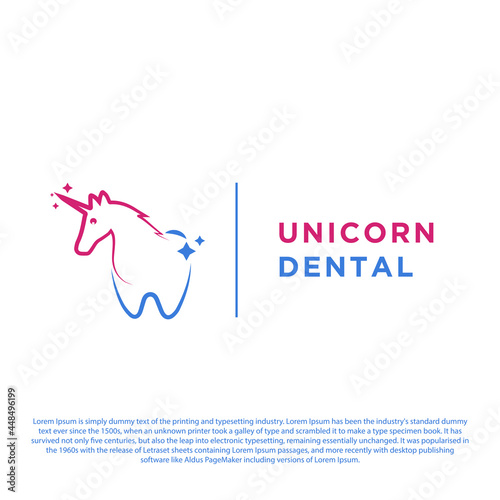 Outline unicorn dental logo vector template. Simple Design Tooth and unicorn with minimal line 