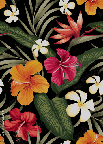 Seamless pattern of hibiscus flowers and palm leaf background template. Vector set of floral element for tropical print, wedding invitations, greeting card, brochure, banners and fashion design.