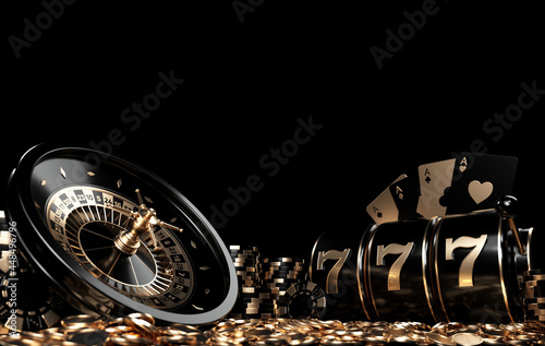 Roulette Wheel, Slot Machine, Four Aces Casino Chips And Coins, Modern Black And Golden Isolated On The Black Background. Empty Space For Logo Or Text  - 3D Illustration	
