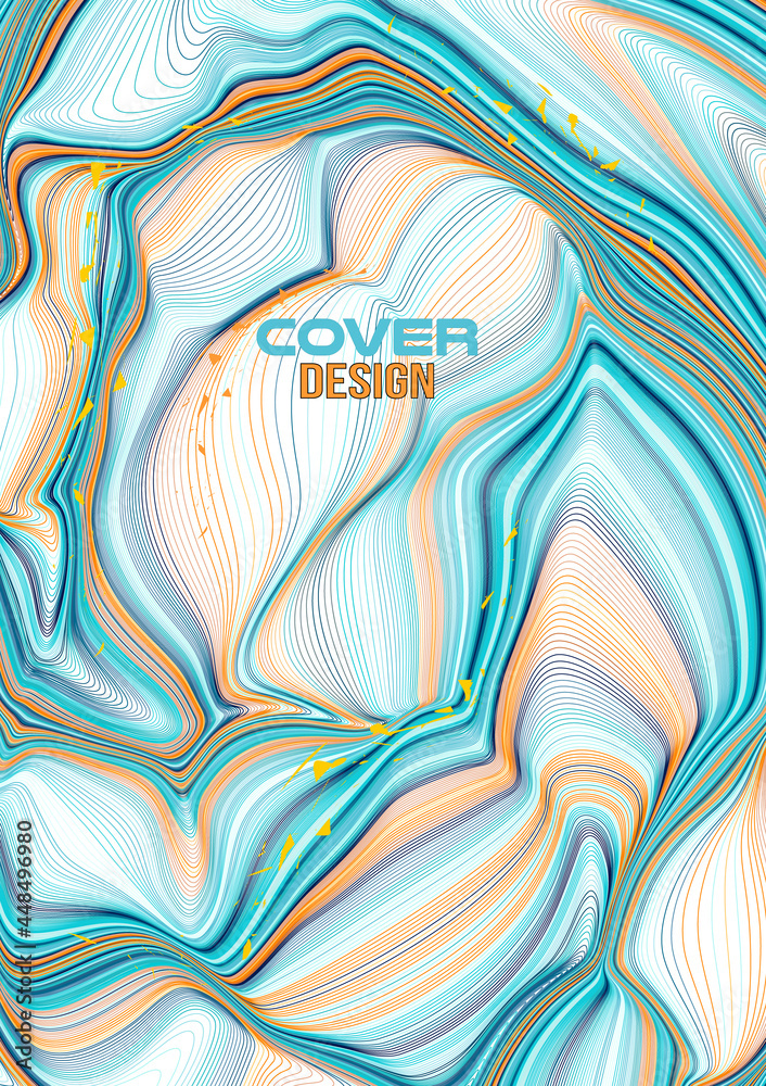 Marble, ink wave cover design, flyer vector template in blue and orange color on white background