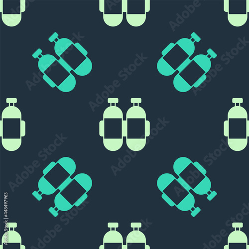 Green and beige Aqualung icon isolated seamless pattern on blue background. Oxygen tank for diver. Diving equipment. Extreme sport. Diving underwater equipment. Vector