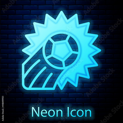 Glowing neon Soccer football ball icon isolated on brick wall background. Sport equipment. Vector