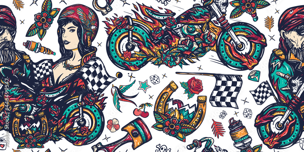 Bikers. Old school tattoo background. Pin up moto girl, bearded biker man, burning chopper motorcycle, race flag, rider sport woman. Lifestyle of racers. Seamless pattern