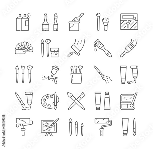 Simple Set of brushes and painting line icons. Spray, easel, color palette, paint gun or spray gun, paint bucket. Editable Stroke. Set of flat vector illustrations isolated on white