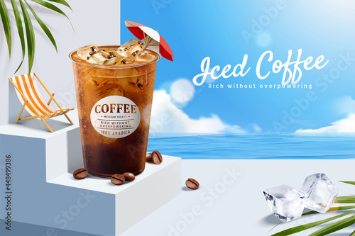 3d iced coffee ad with beach scene