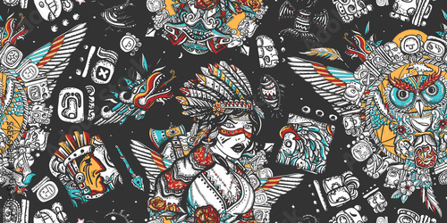Native American Indian. Tribal culture and history. Old school tattoo style. Ethnic warrior girl, shamanic female, dream catcher, owl and old cherokee shaman. Seamless pattern