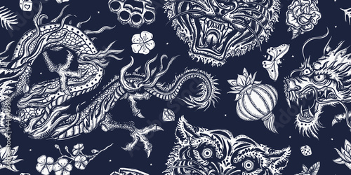 Tigers and dragons. Japanese seamless pattern. Old school tattoo. Japan yakuza art style. Asian wild cats heads. Traditional tattooing background