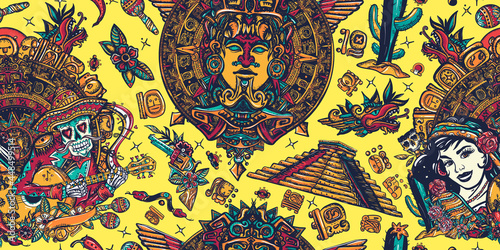 National culture and people. Old school tattoo vector background. Skeleton with guitar and mexican woman. Seamless pattern. Mexico. Ancient mayan pyramids, and totem