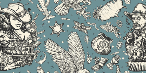 Western background. Cowboy girl, digger, eagle, train and USA map. Wild West seamless pattern. American history art. Old school tattoo style