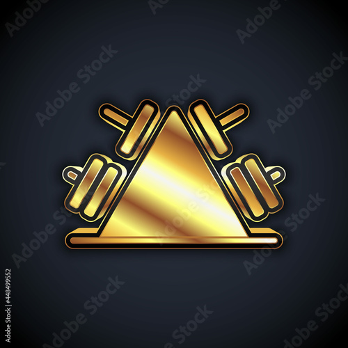 Gold Metal rack with additional weights for barbell icon isolated on black background. Bodybuilding, fitness, sport, healthy lifestyle concept. Vector