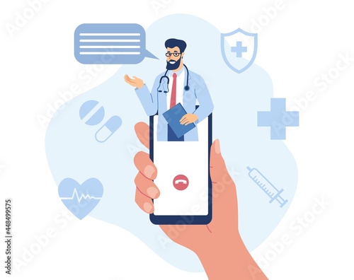 Hand holding smartphone with video call on screen. Patient at doctors virtual or online appointment. Modern health care digital services and telemedicine concept. Flat cartoon vector illustration
