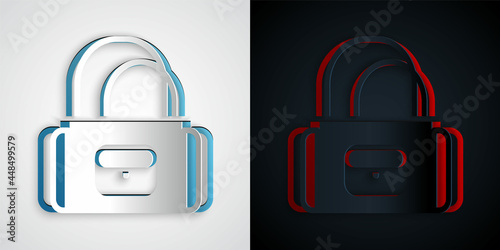 Paper cut Sport bag icon isolated on grey and black background. Paper art style. Vector