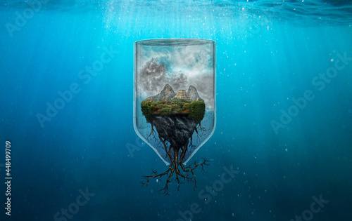 A small floating island in a bottle under water with only roots growing out of the glass (ID: 448499709)