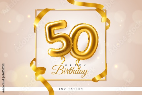 Golden balloons number greeting card. Realistic anniversary date in metal frame, festive decor, confetti and ribbons, party invitation. 50 years birthday poster template vector concept