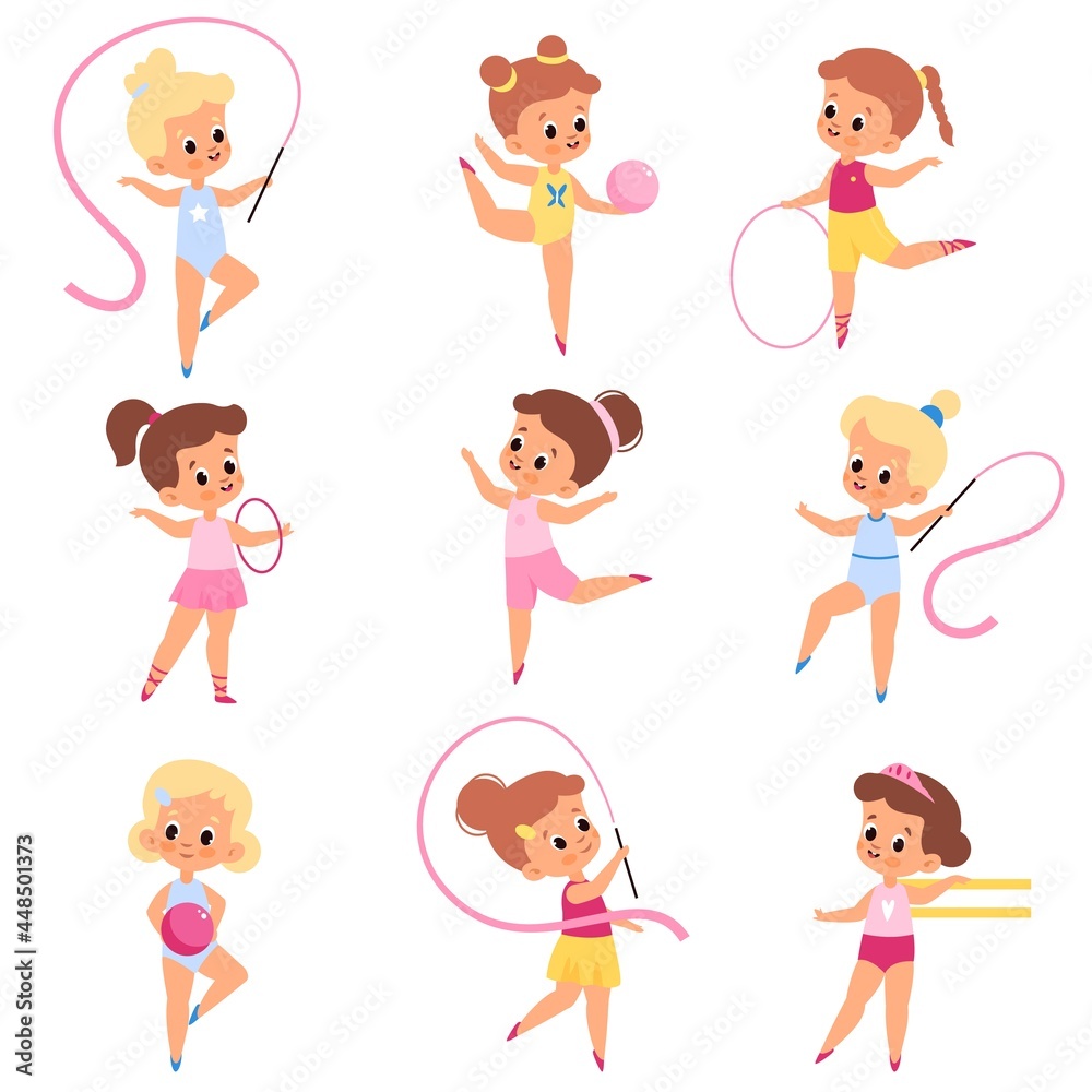 Girls gymnastics. Little athletes in different poses, kids make aerobics and sports, young artists with accessories, training ribbon, ball and hoops. Child competition. Vector cartoon set Girls gymnastics. Little athletes in different poses, kids make aerobics and sports, young artists with accessories, training ribbon, ball and hoops. Child competition. Vector cartoon set