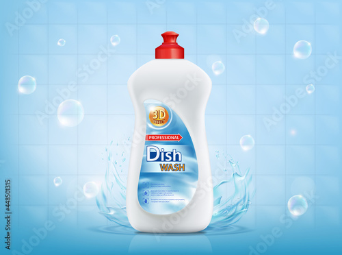 Plastic bottle with dishwashing liquid soap.