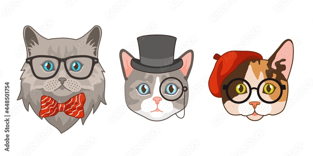 Cat heads with accessories. Cute funny cats different breeds avatar muzzles, glasses and hats, bow tie. Hipster animals portrait, smart characters, fashion print vector isolated cartoon set
