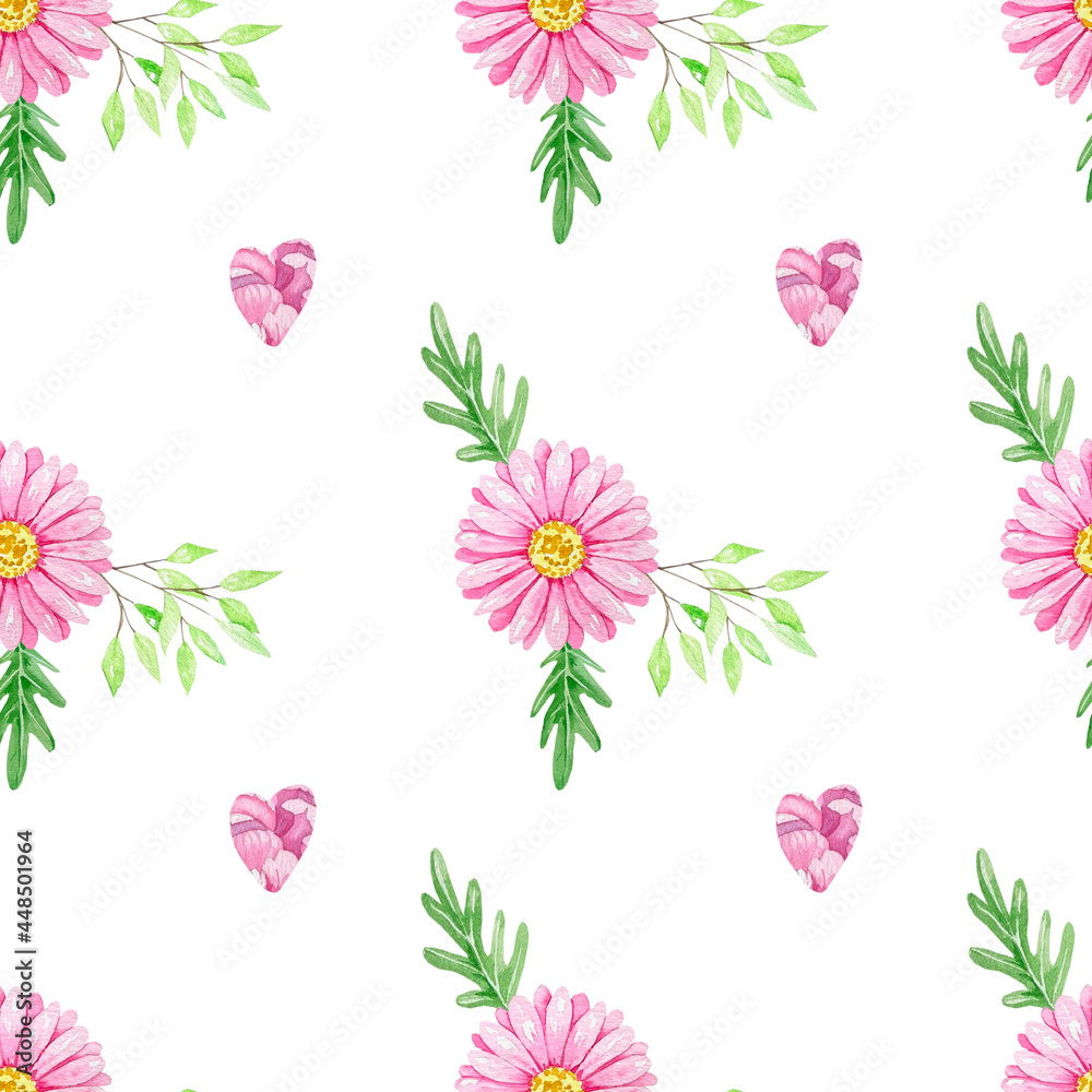 Pattern with pink flowers. Watercolor illustration on a white background. Background for postcards, prints and designs.
