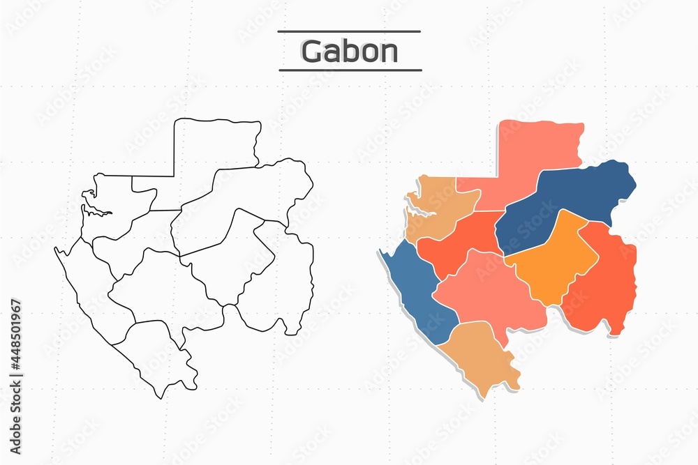 Obraz premium Gabon map city vector divided by colorful outline simplicity style. Have 2 versions, black thin line version and colorful version. Both map were on the white background.
