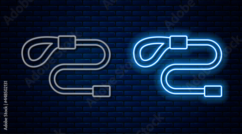 Glowing neon line Retractable cord leash with carabiner icon isolated on brick wall background. Pet dog lead. Animal accessory for outdoors walk. Vector