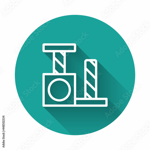 White line Cat scratching post with toy icon isolated with long shadow background. Green circle button. Vector