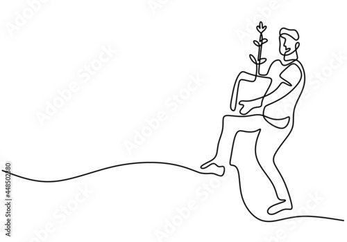 One continuous single drawn art line minimalism doodle a farmer holding plant. Young man agronomist bring plants for reforestation. Back to nature minimalist concept. Vector illustration