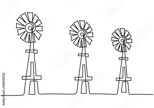 Continuous one line drawing set windmills or wind turbines hand drawn line art minimalist style isolated on white background. Green ecology energy farm concept. Vector sketch illustration