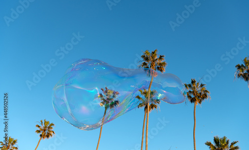 summer vacation. soap bubbles. sky and palm trees. urban landscape. huge soap bubble blower © be free