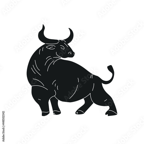A large powerful bull for a logo, pattern, or illustration. Vector image on a white background in the style of an engraving.