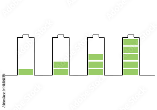 Continuous line art of battery charging process. Smartphone battery icon symbol industry technology concept. Battery charging indicator hand drawing sketch vector illustration on white background