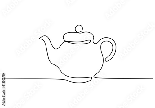 Continuous line drawing of teapot. Vintage kettle with handle isolated image on white background hand drawn line art minimalist design. Coffee break, tea time concept. Vector illustration